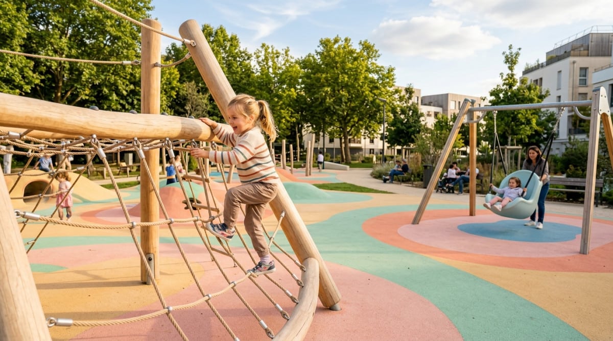 Aire de jeux moderne en bois avec sol souple coloré en 2026