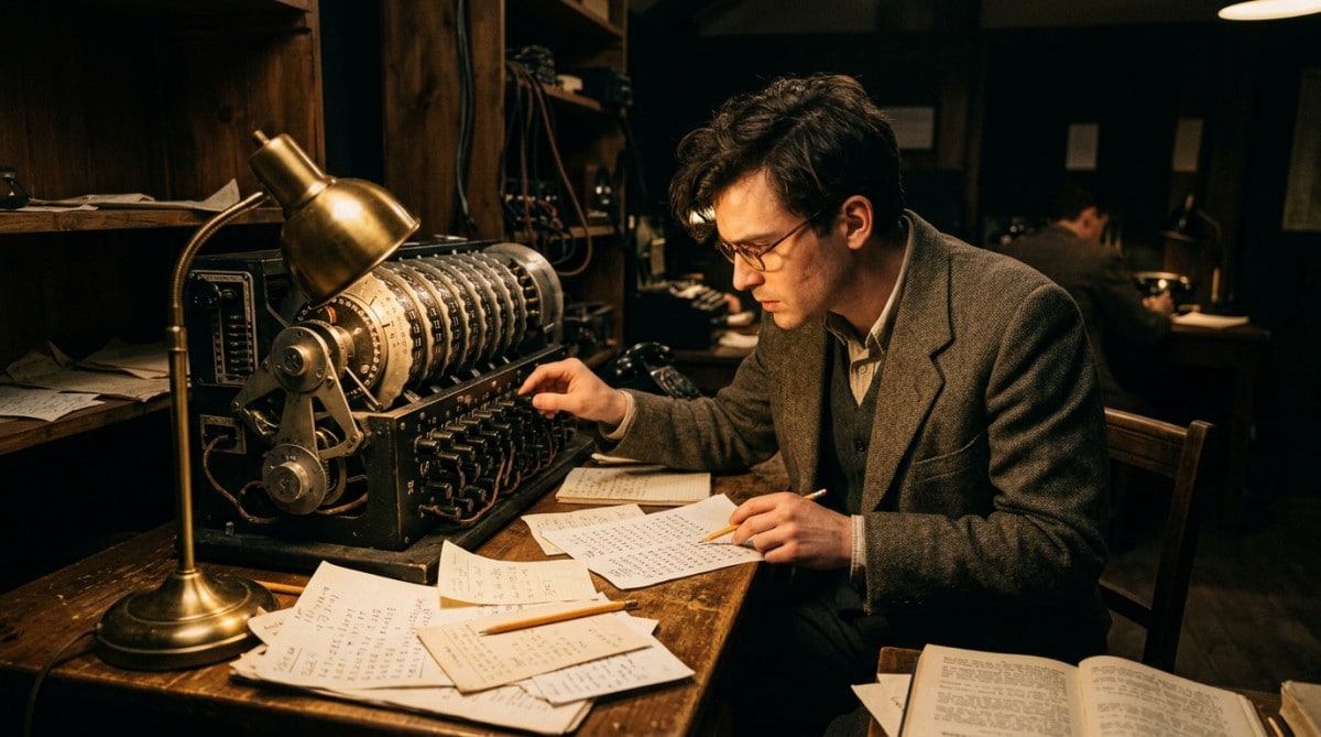 Alan Turing travaillant sur une machine de décryptage à Bletchley Park