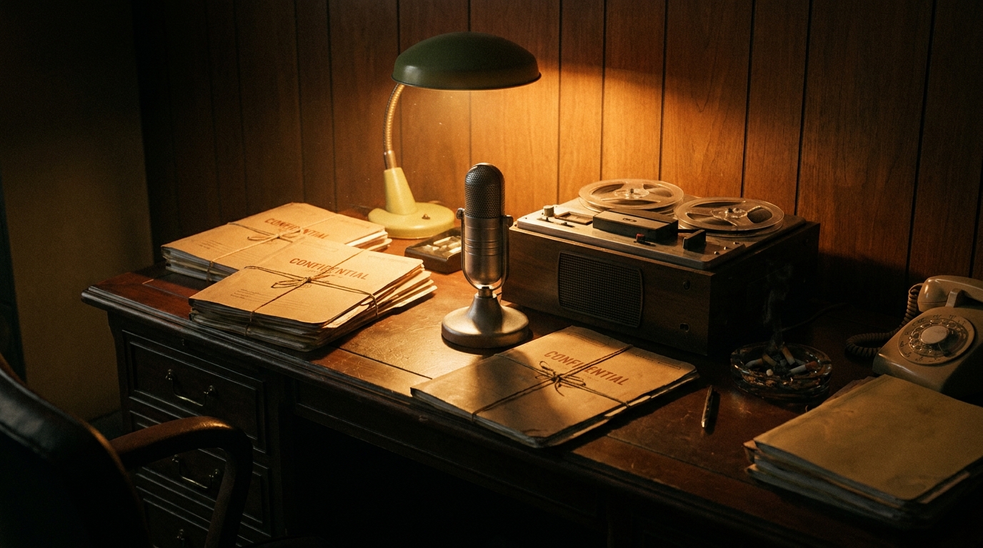 Matériel d'écoute et dossiers sur un bureau vintage