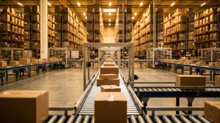 Intérieur d'un entrepôt logistique moderne avec convoyeurs et colis