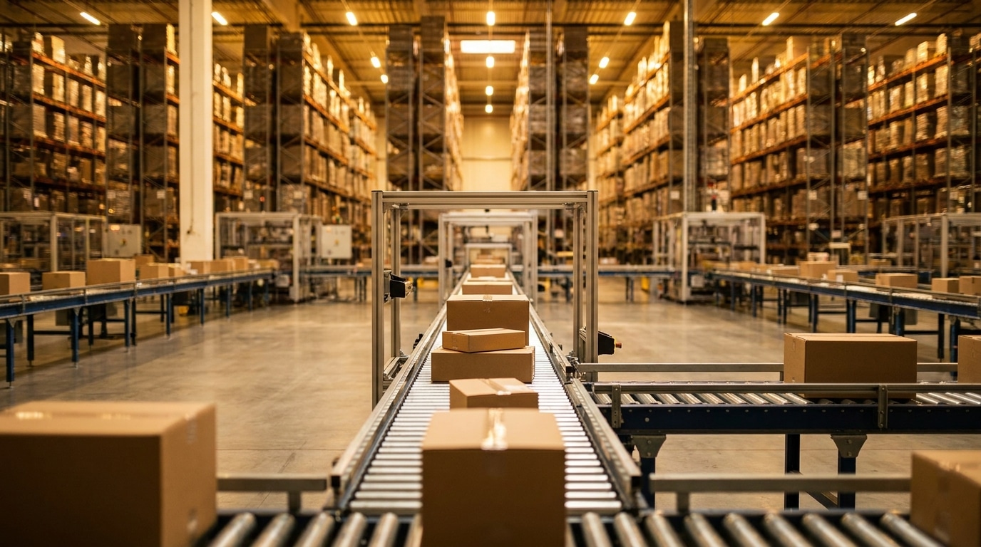 Intérieur d'un entrepôt logistique moderne avec convoyeurs et colis