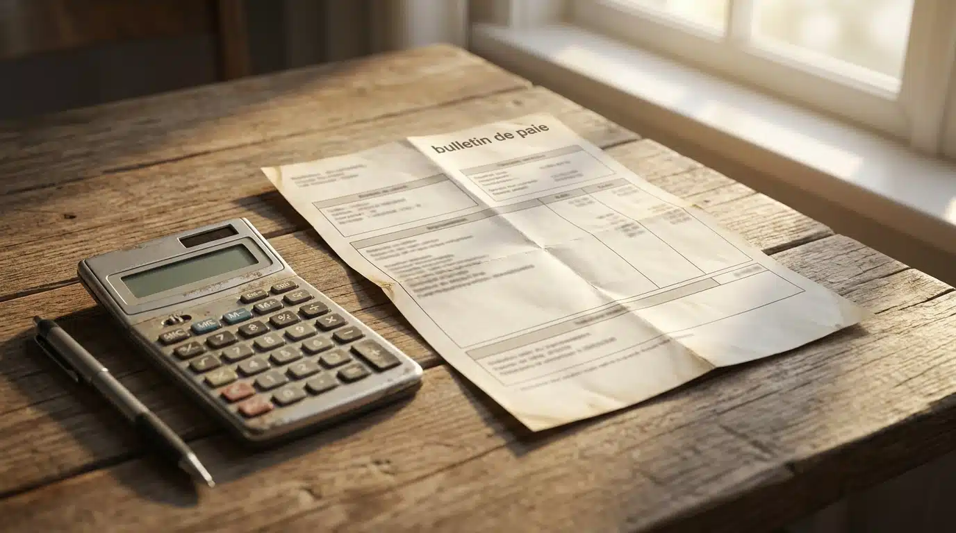 Fiche de paie posée sur un bureau en bois avec calculatrice