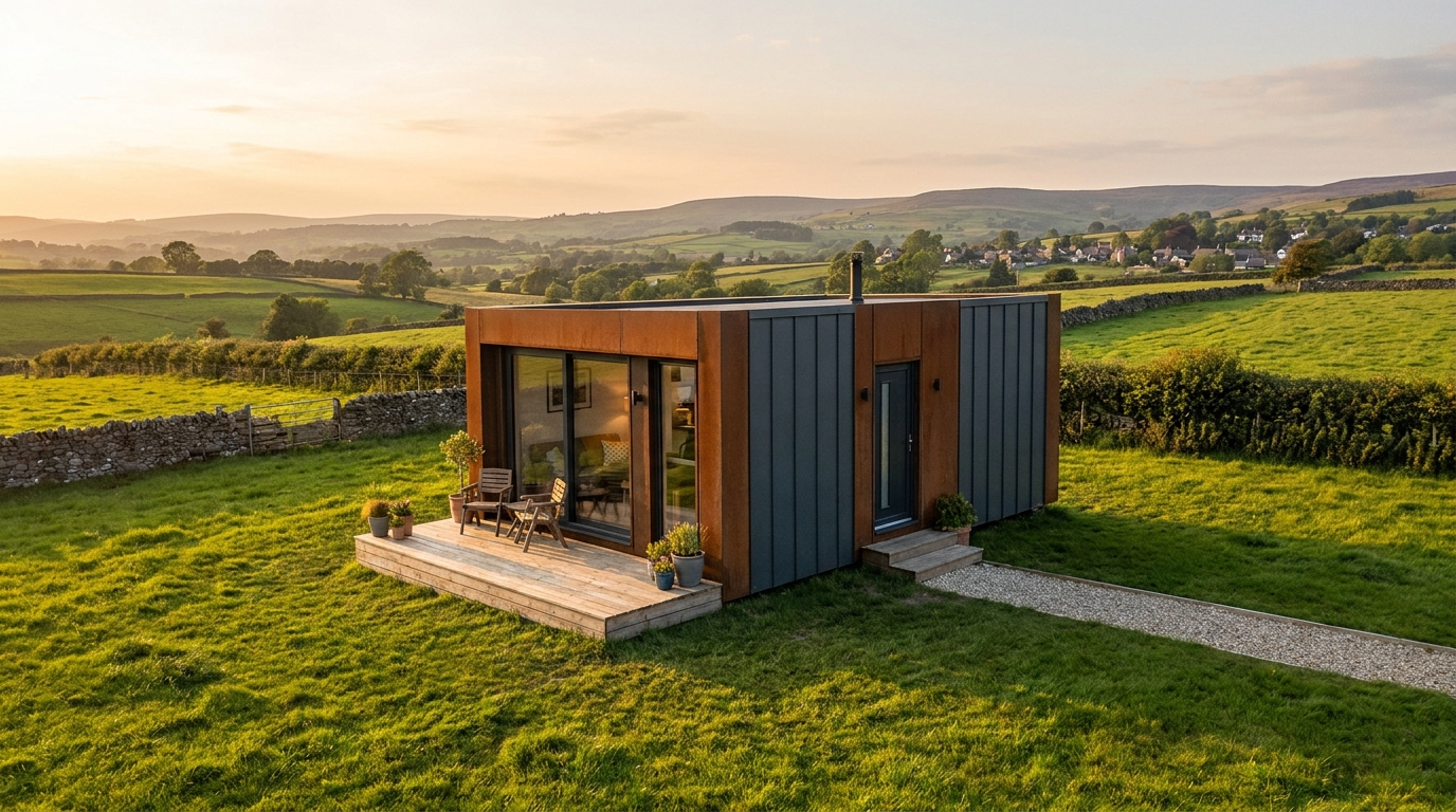 Maison préfabriquée modulaire en acier posée sur un terrain verdoyant