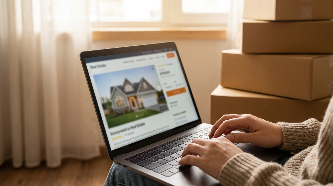 Mains consultant un écran d'ordinateur avec des cartons de livraison en arrière-plan