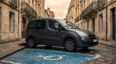 Véhicule adapté garé sur place handicapée avec PV