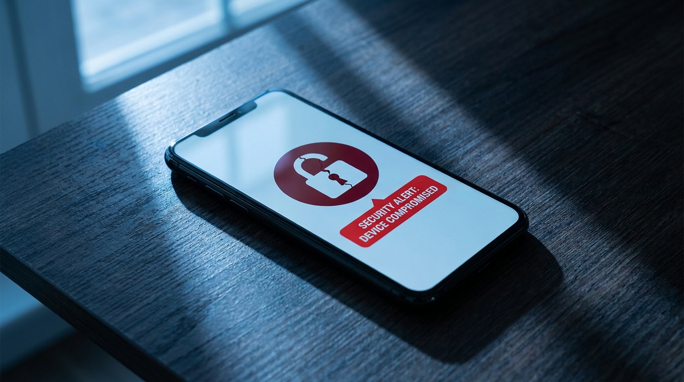 Smartphone posé sur un bureau avec icône de cadenas brisé symbolisant un piratage Instagram