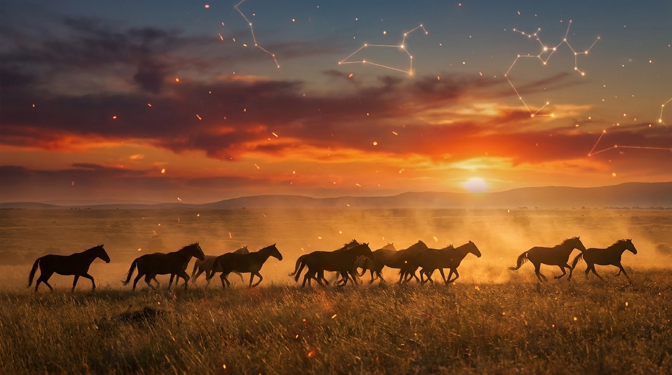 Silhouettes de chevaux galopant sous un coucher de soleil flamboyant