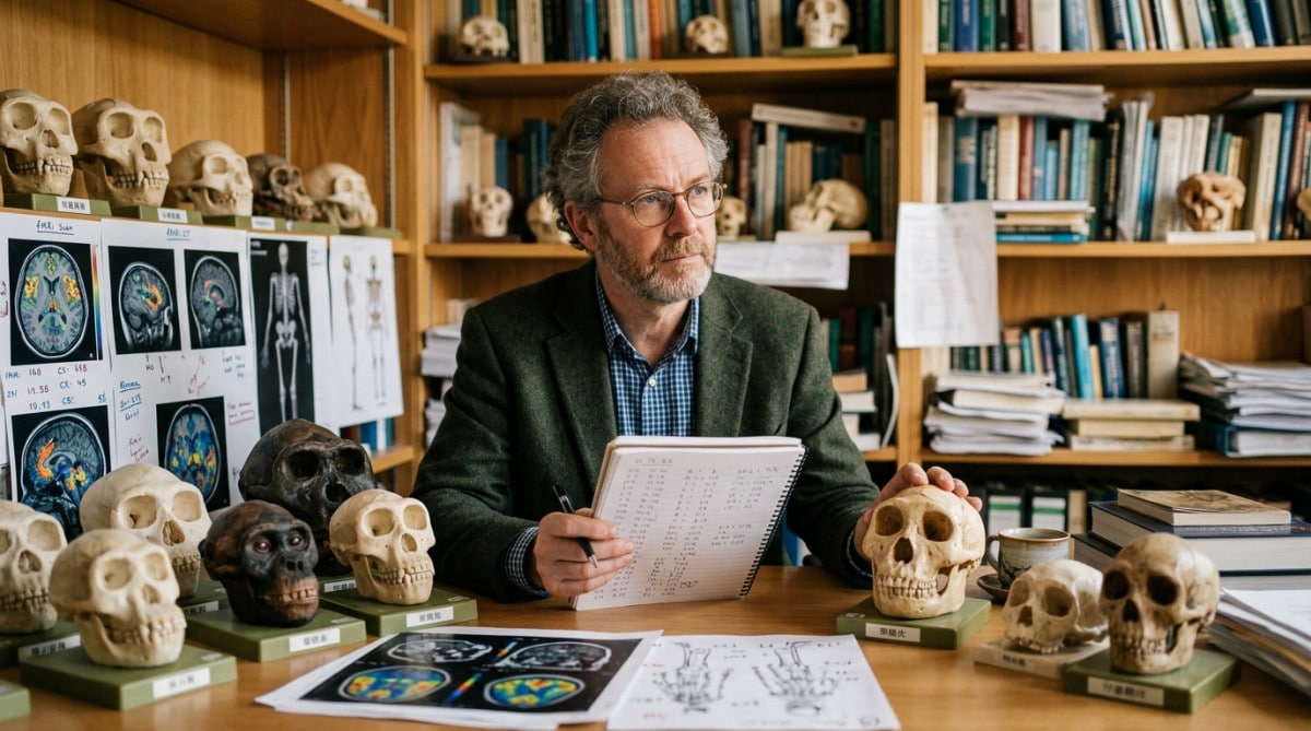 Anthropologue étudiant des cerveaux de primates à son bureau