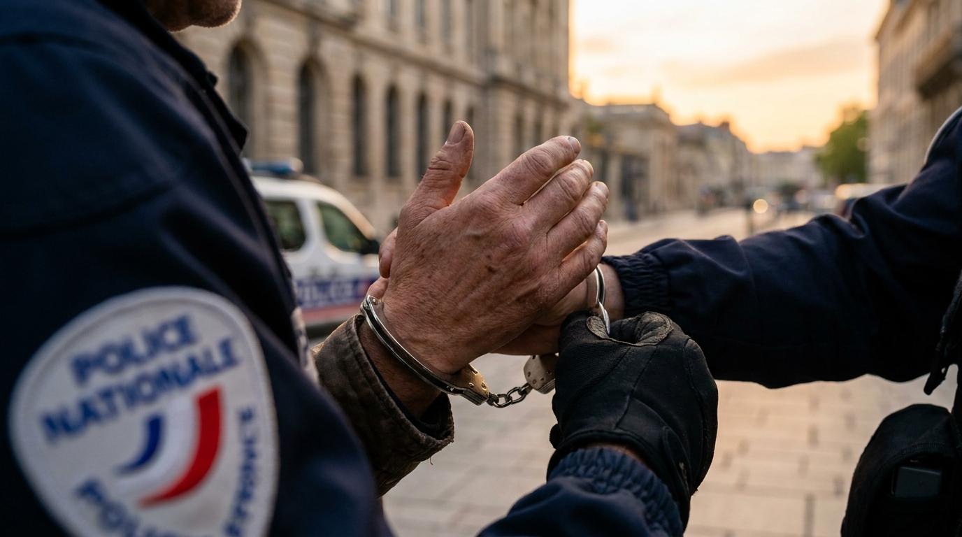 Mains menottées par un policier en extérieur