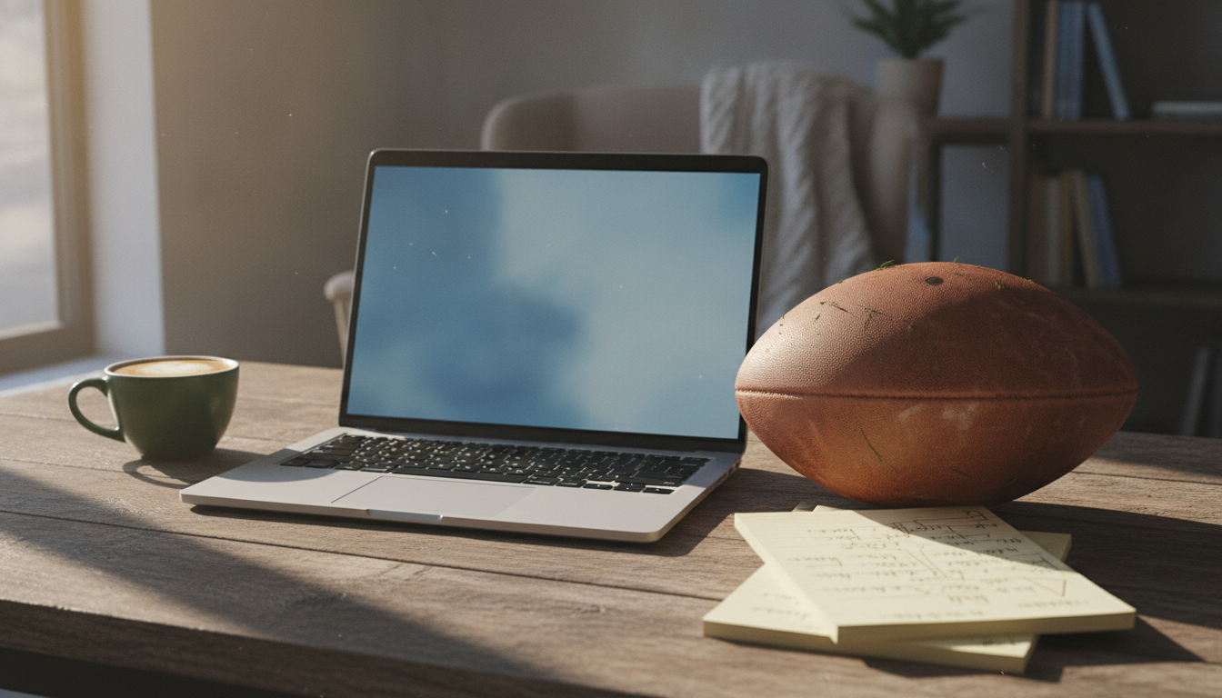 Ordinateur portable et ballon de rugby symbolisant la double vie étudiant-sportif