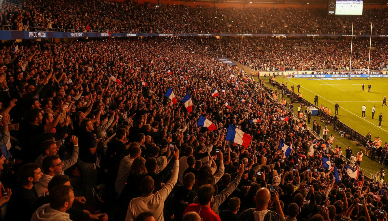 Supporters de rugby célébrant au stade après une finale