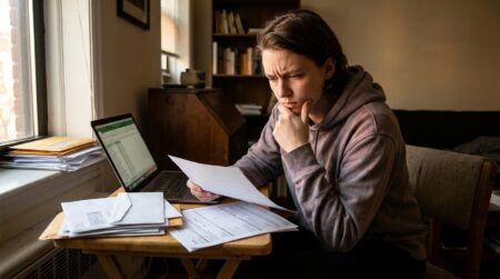 Étudiant inquiet devant des factures dans un petit studio
