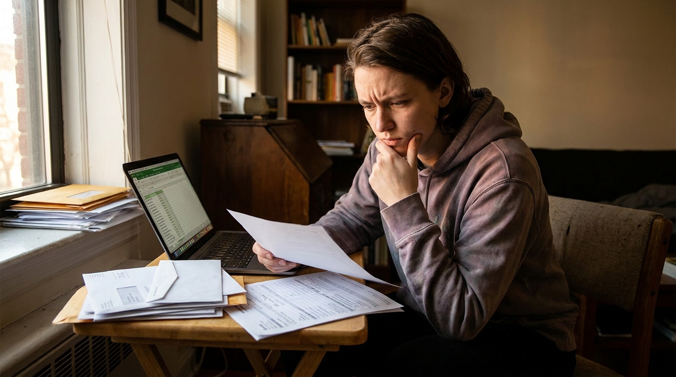 Étudiant inquiet devant des factures dans un petit studio