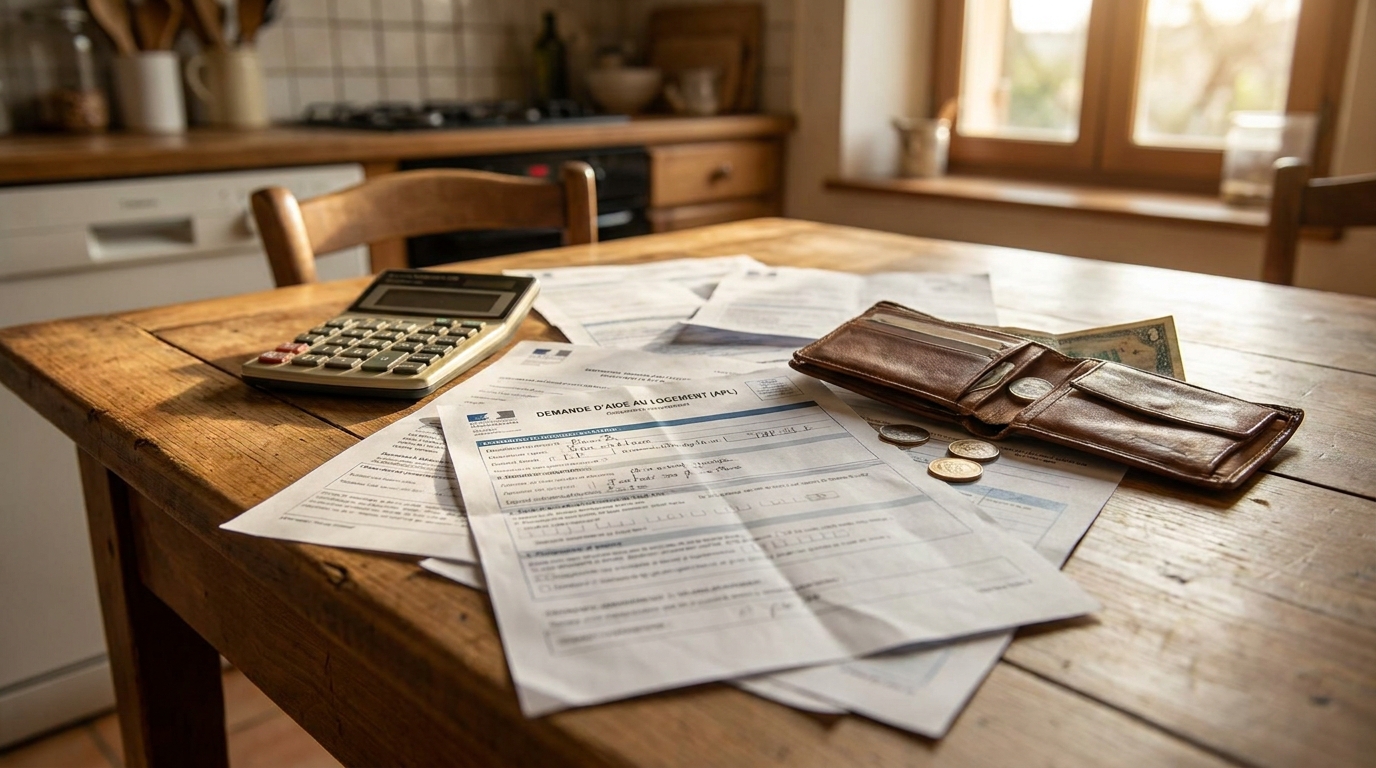Documents administratifs APL et portefeuille vide sur une table