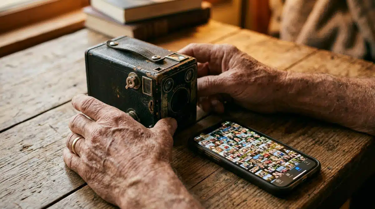 Appareil photo Kodak ancien à côté d'un smartphone moderne