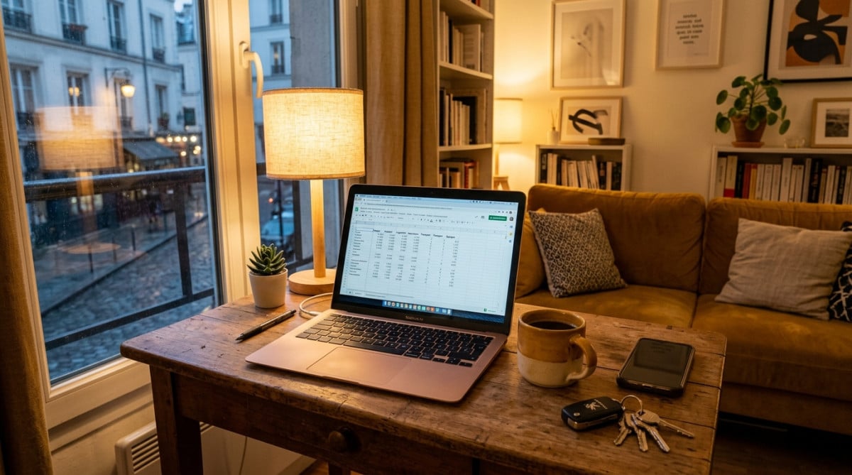 Appartement de Théo avec son tableau de budget sur ordinateur