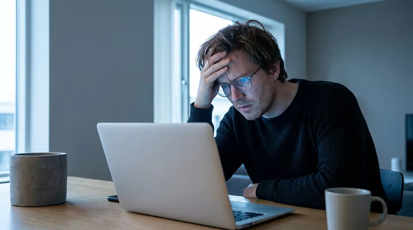 Personne inquiète devant un écran d'ordinateur portable