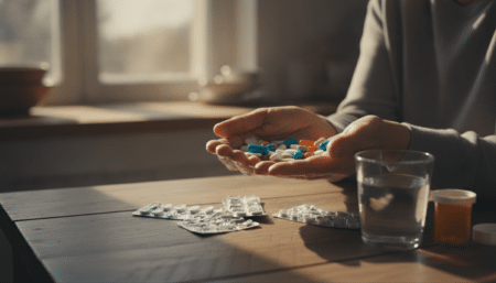 Mains d'une personne âgée tenant des médicaments