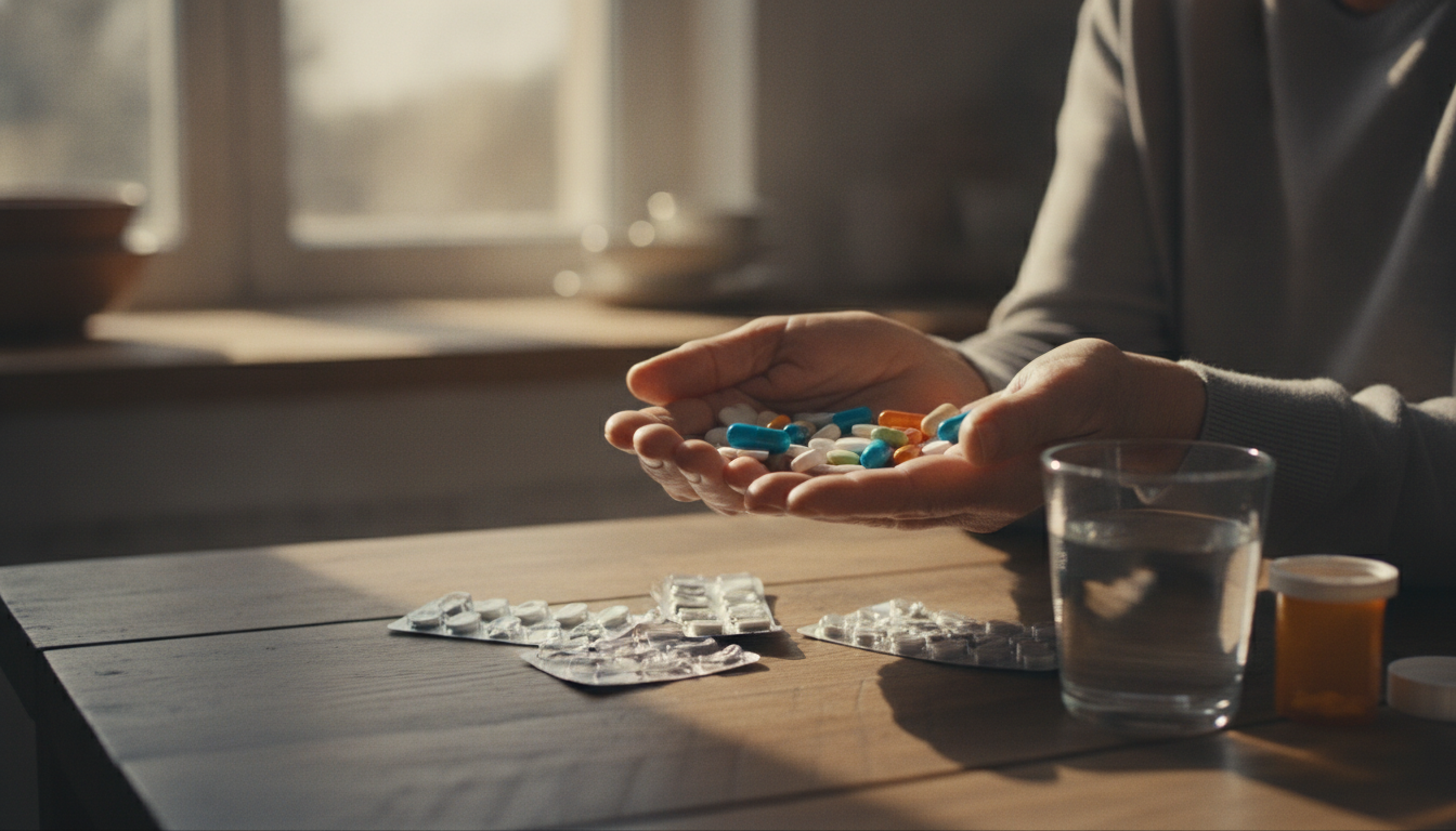 Mains d'une personne âgée tenant des médicaments