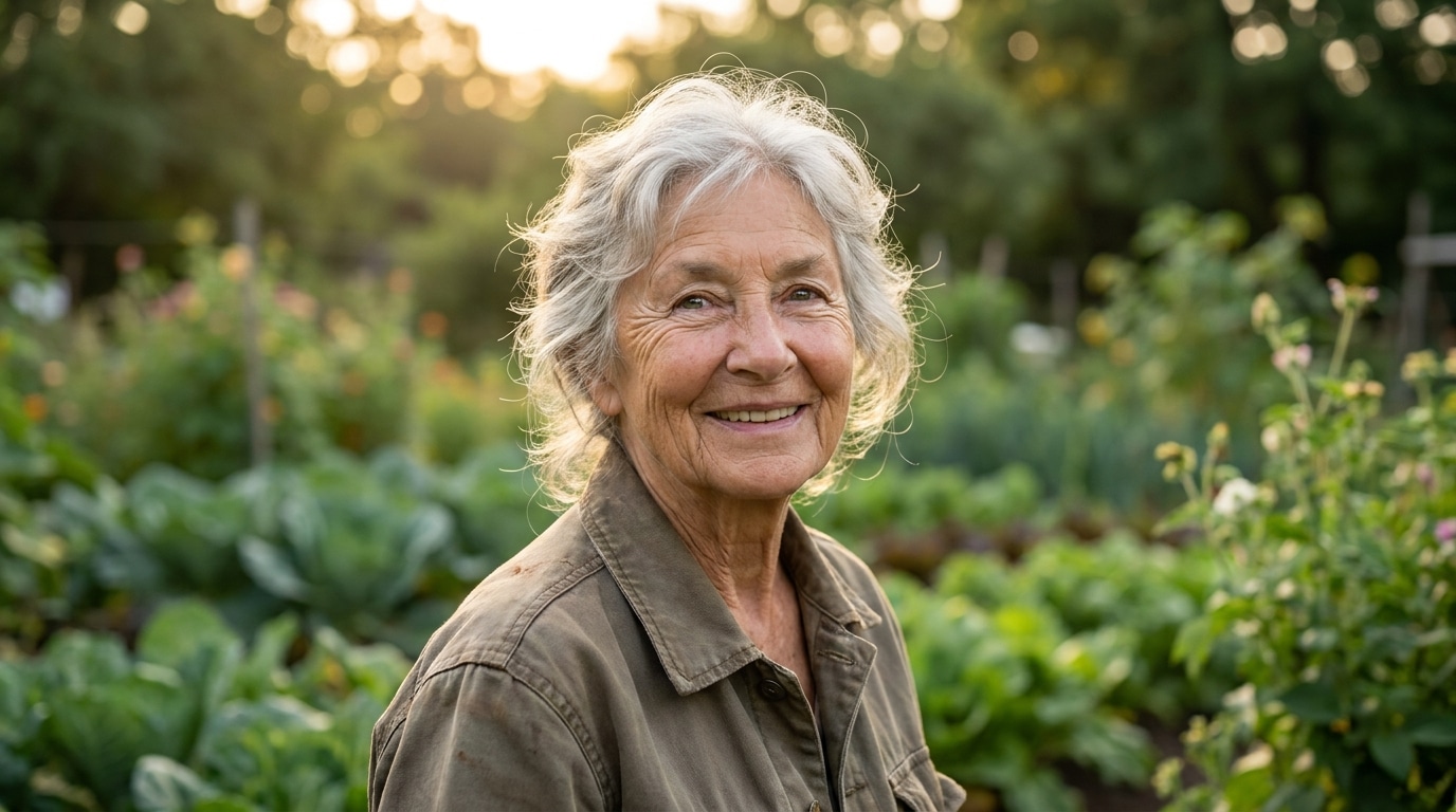 Visage souriant d'une femme âgée aux cheveux argentés dans un jardin