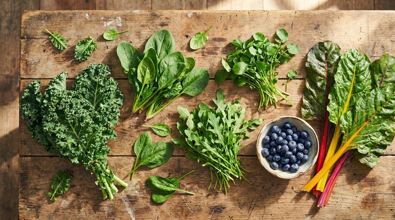 Assortiment de légumes verts à feuilles et myrtilles sur table en bois