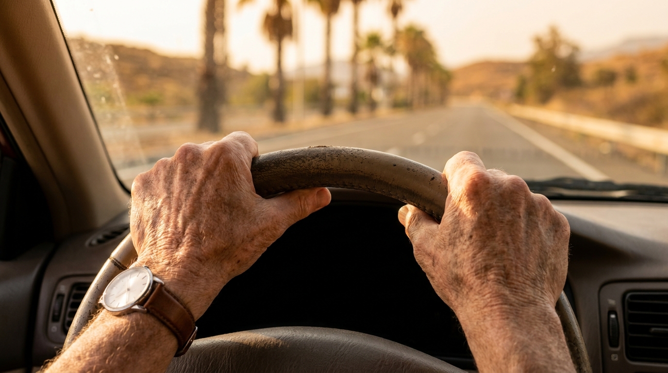 Mains âgées agrippant un volant sur une route californienne