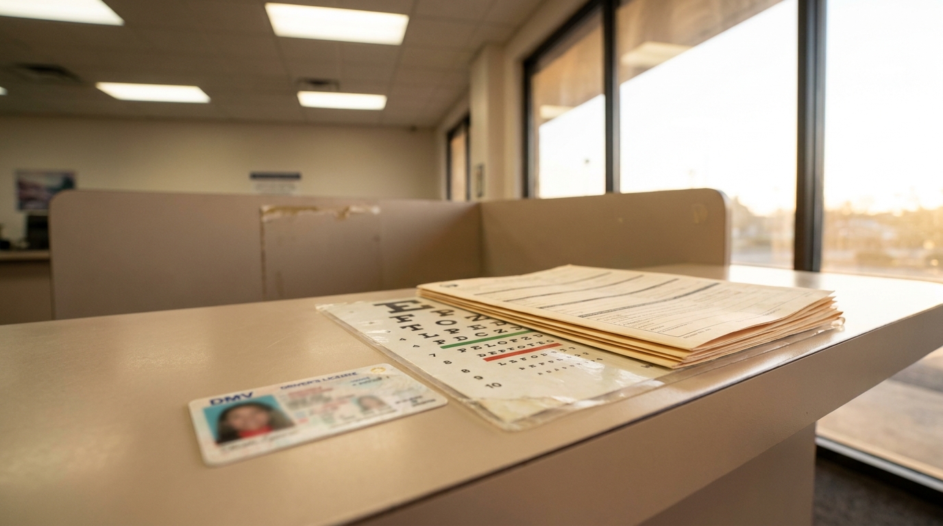 Permis de conduire et test de vision sur un comptoir de bureau