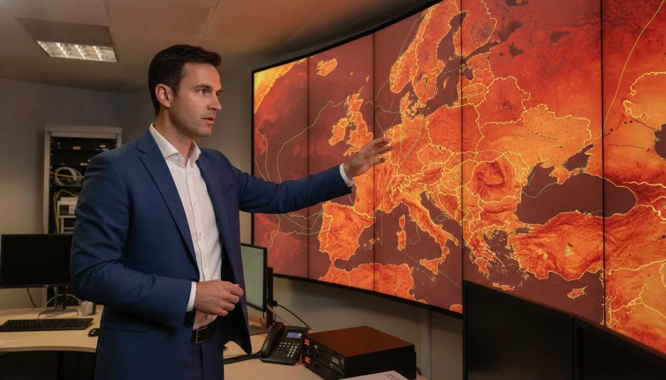 Météorologue analysant une carte de chaleur sur l'Europe