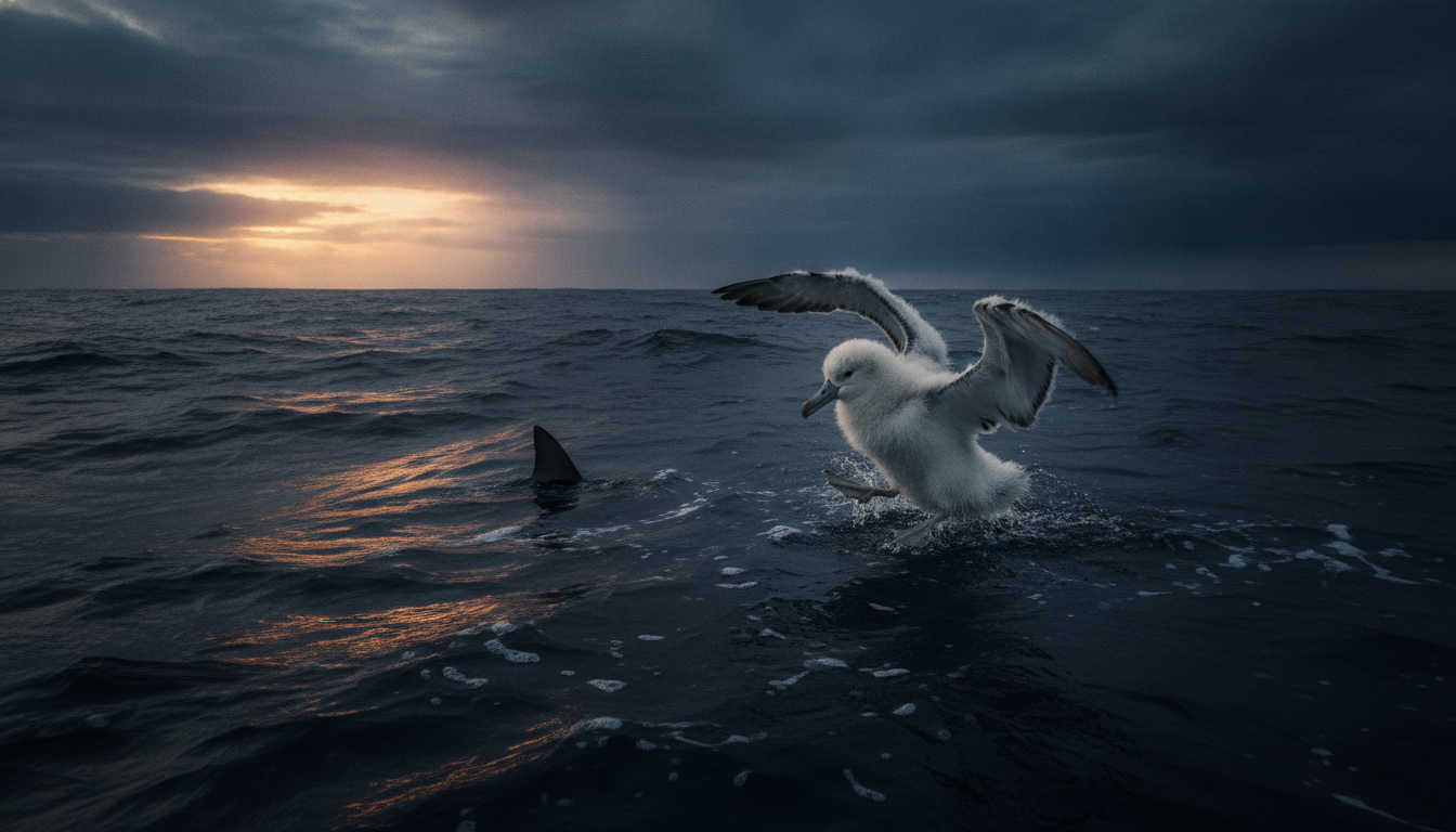 Jeune albatros vulnérable sur l'eau face à un requin