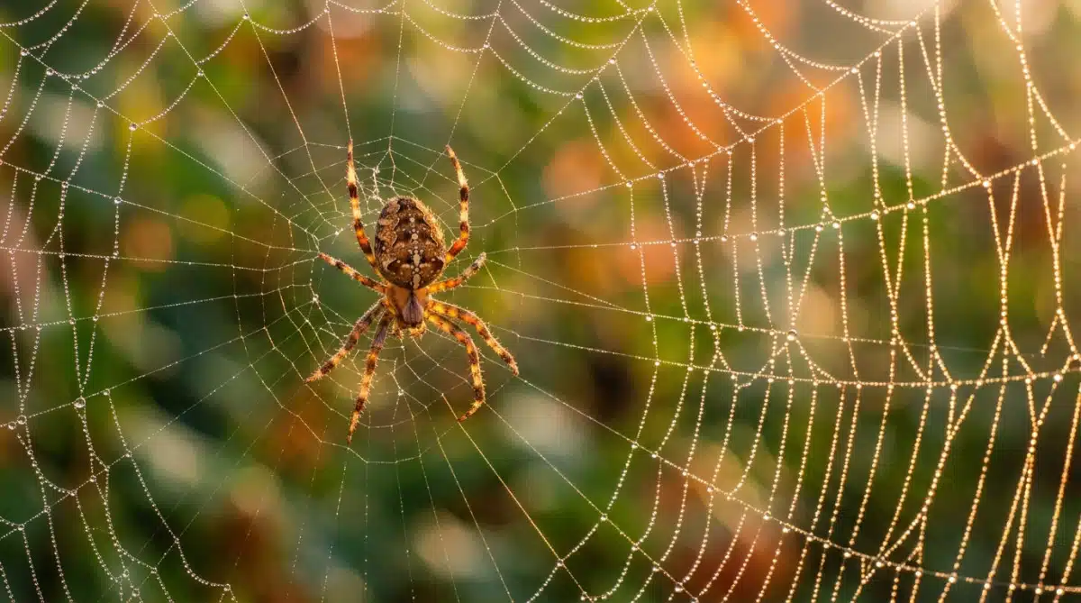 Araignée orbitèle marchant sur les fils secs de sa toile