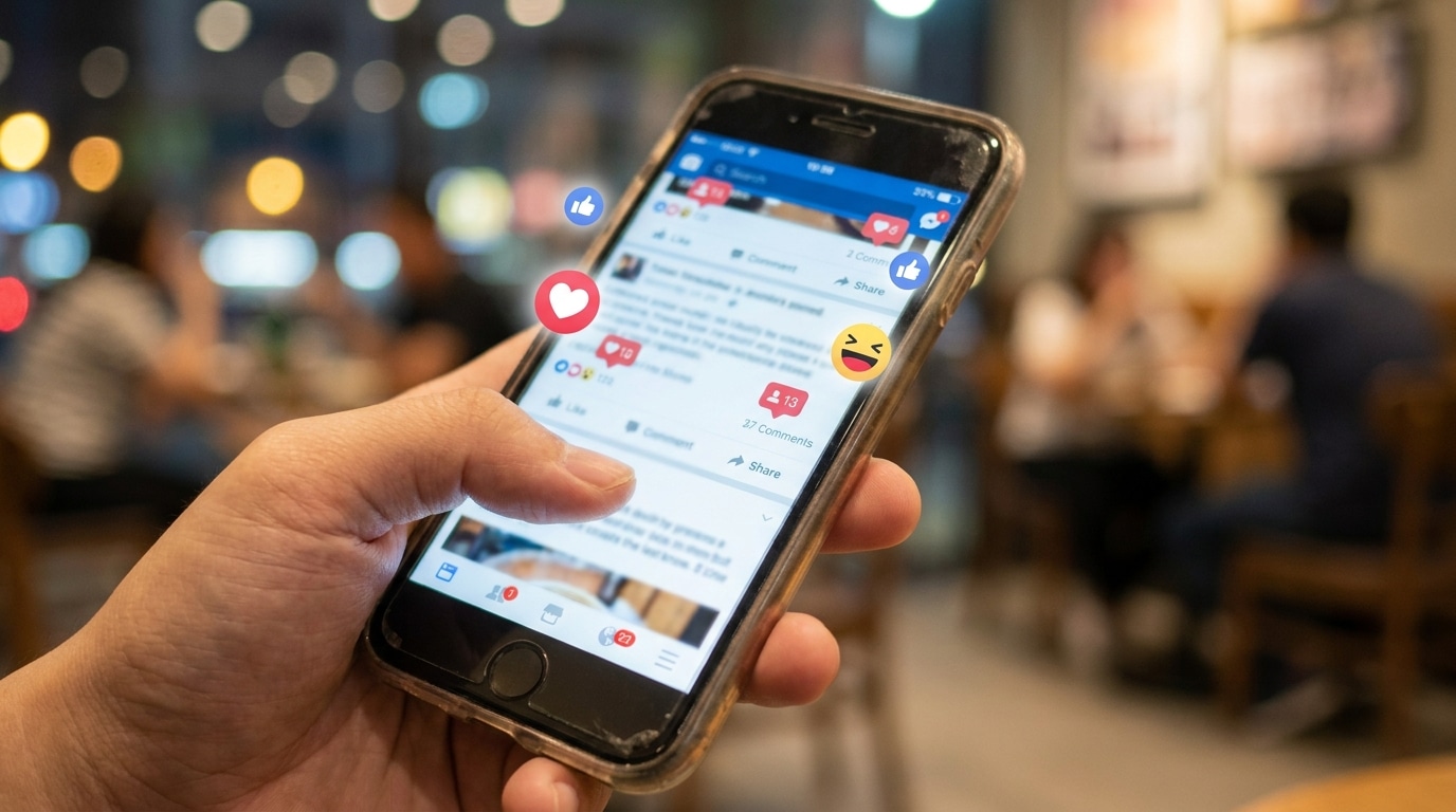 Smartphone affichant un fil de réseaux sociaux avec des commentaires floutés et des réactions