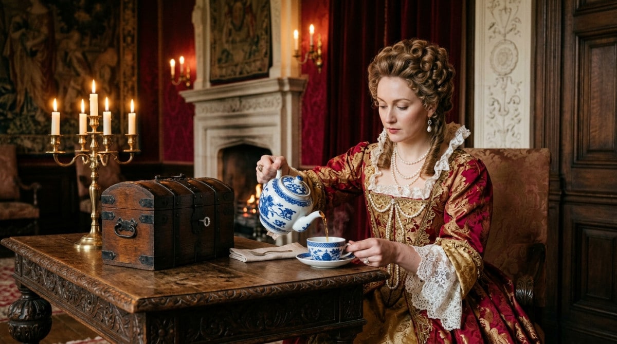 Aristocrate du XVIIe siècle servant du thé dans un palais