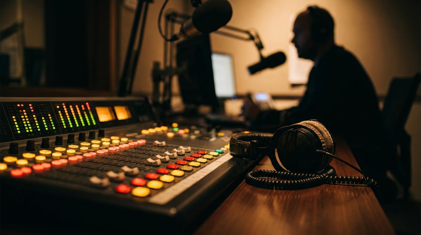 Console de mixage radio avec casque posé sur le bureau