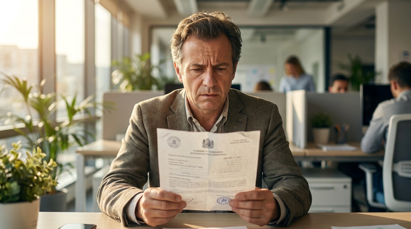Salarié inquiet lisant un certificat médical au bureau