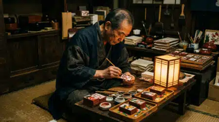 Artisan japonais peignant des cartes hanafuda à Kyoto en 1889