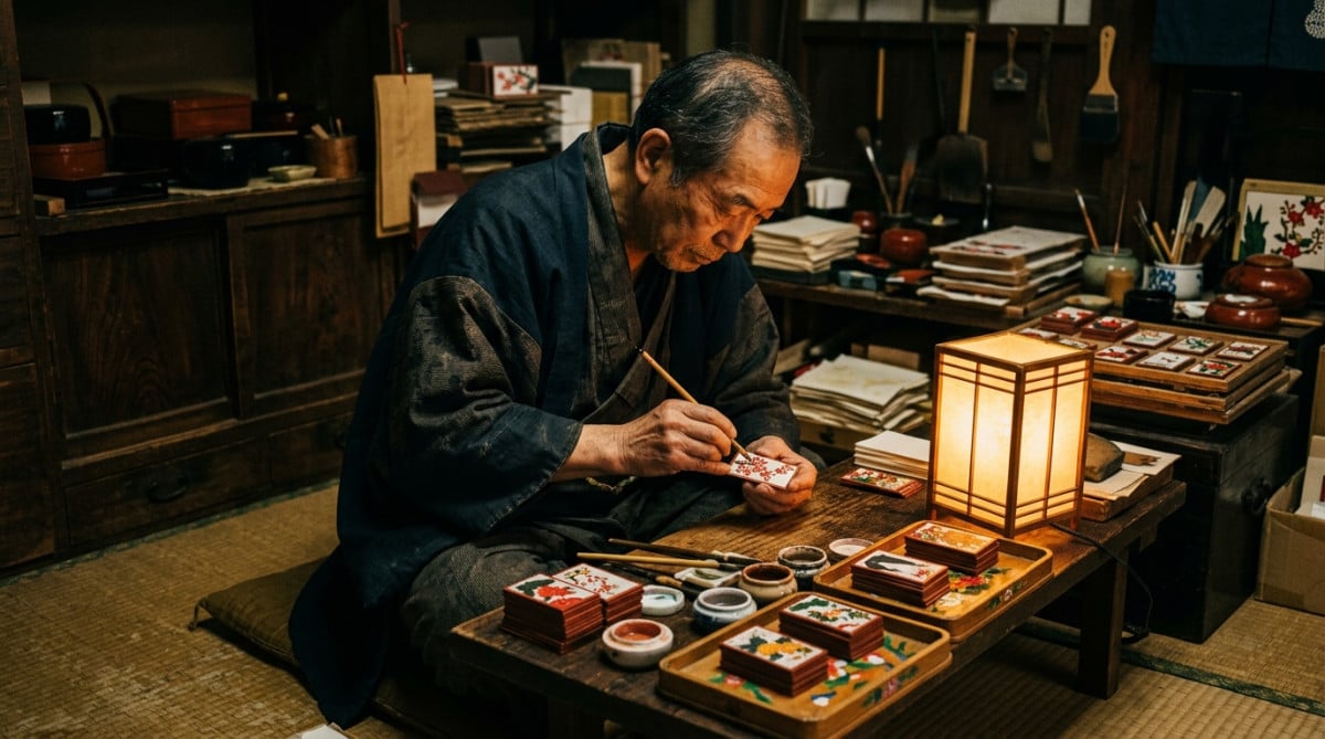 Artisan japonais peignant des cartes hanafuda à Kyoto en 1889