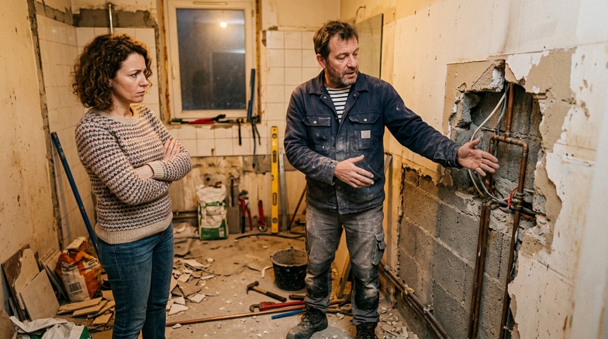 Artisan montrant des travaux imprévus à un client sceptique
