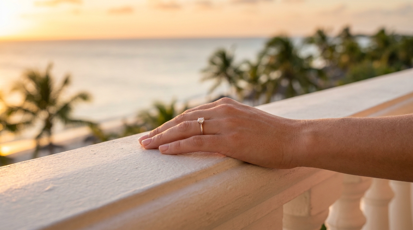 Main féminine portant une bague de fiançailles sur un balcon