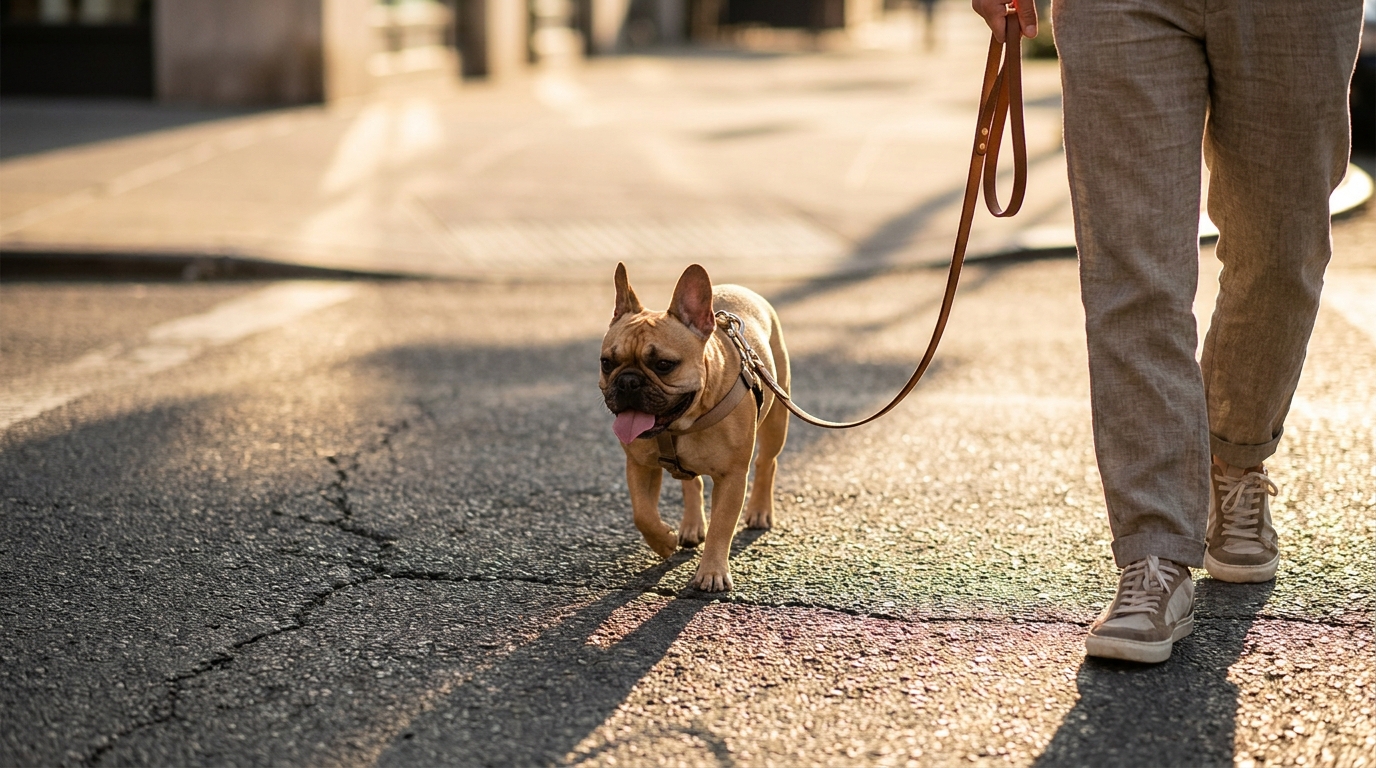 Bouledogue français marchant sur du bitume chaud en été