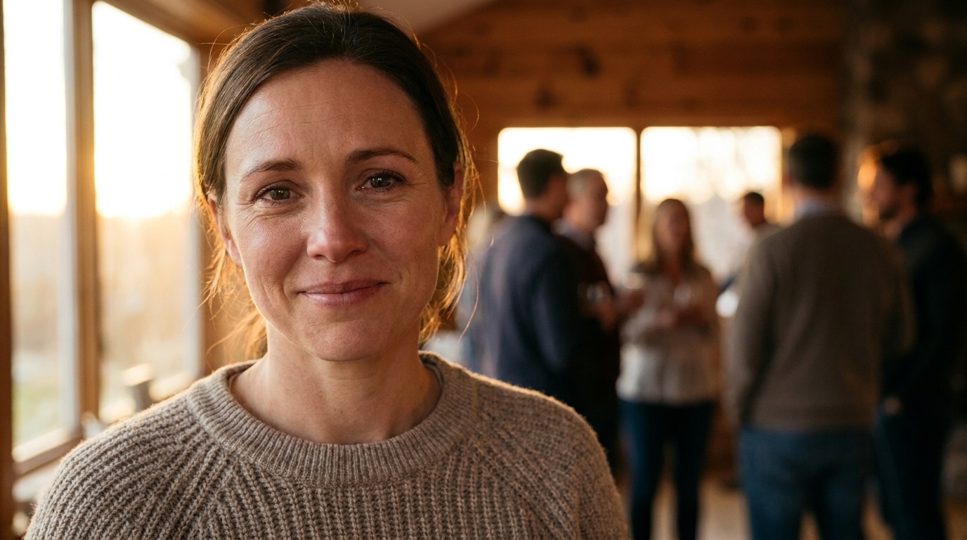 Femme au regard confiant et vulnérable dans une foule