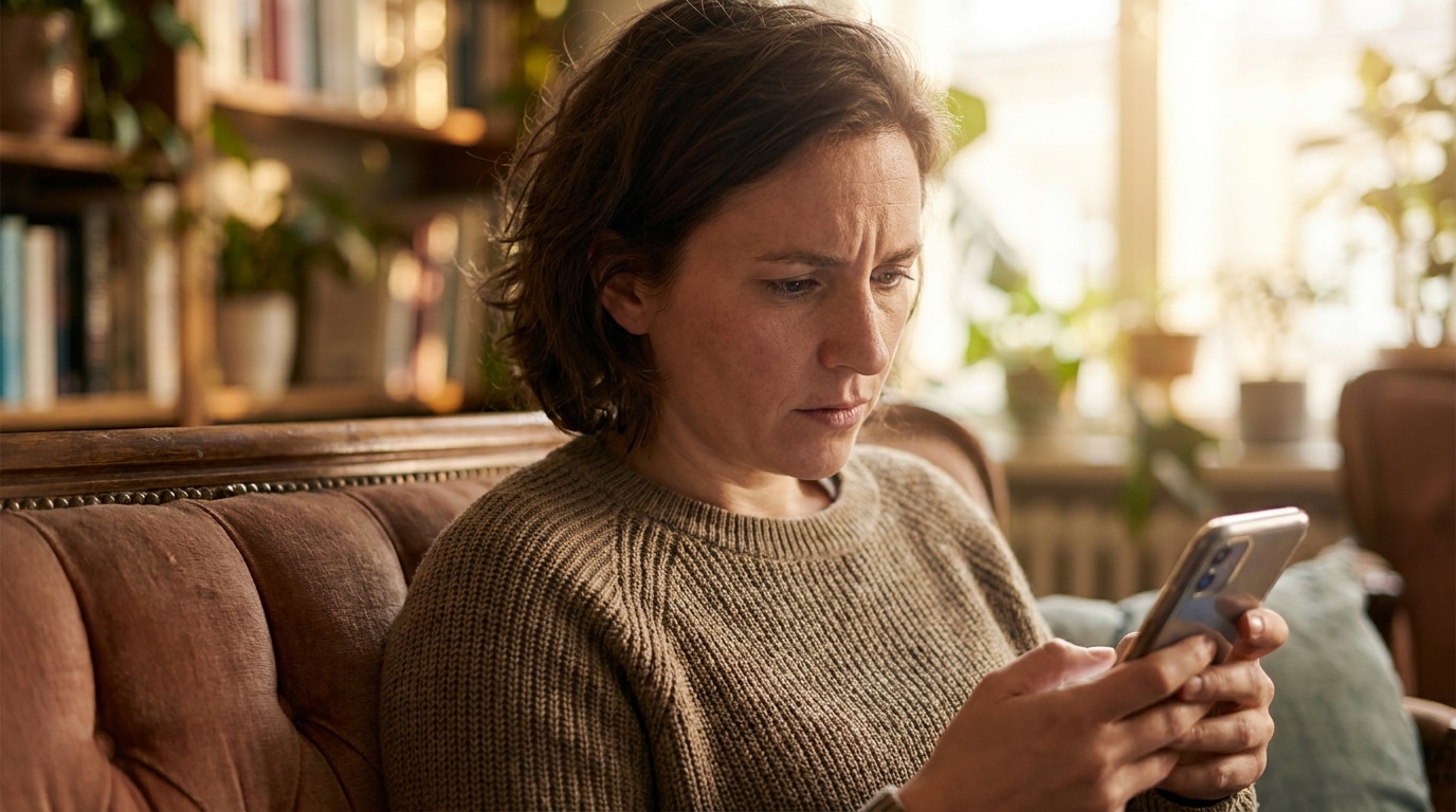 Personne pensive assise sur un canapé avec un téléphone