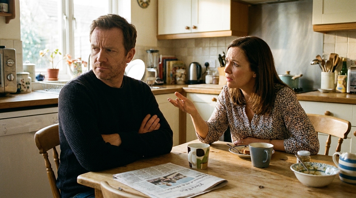 Couple en pleine discussion tendue dans une cuisine