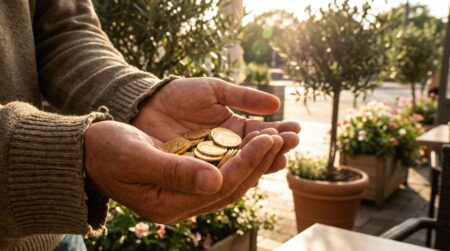 Mains tenant des pièces d'or dans une lumière dorée
