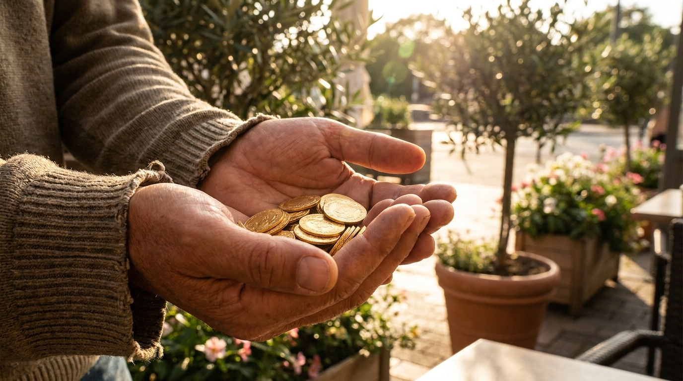Mains tenant des pièces d'or dans une lumière dorée