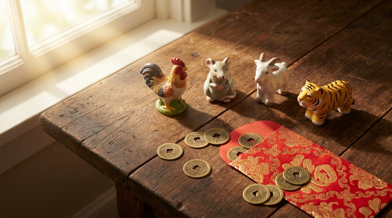 Figurines du zodiaque chinois sur une table en bois