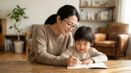 Parent aidant son enfant à faire ses devoirs