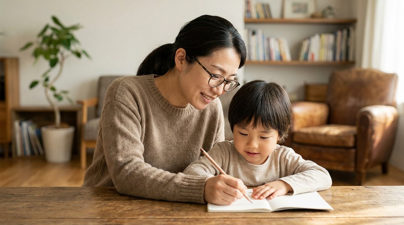 Parent aidant son enfant à faire ses devoirs