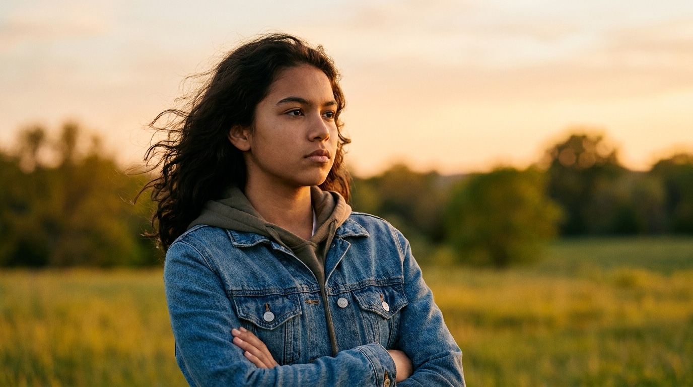 Adolescent confiant debout en extérieur avec un regard déterminé