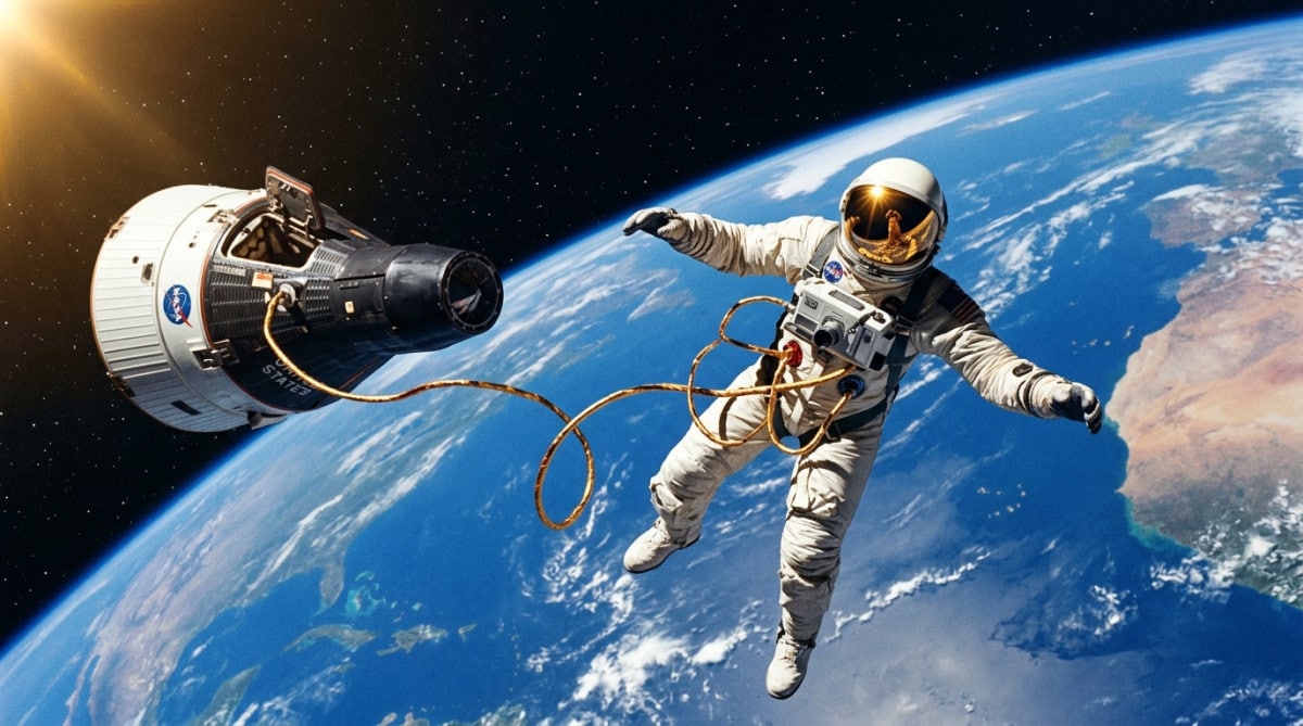 Astronaute Ed White en sortie extravéhiculaire au-dessus de la Terre