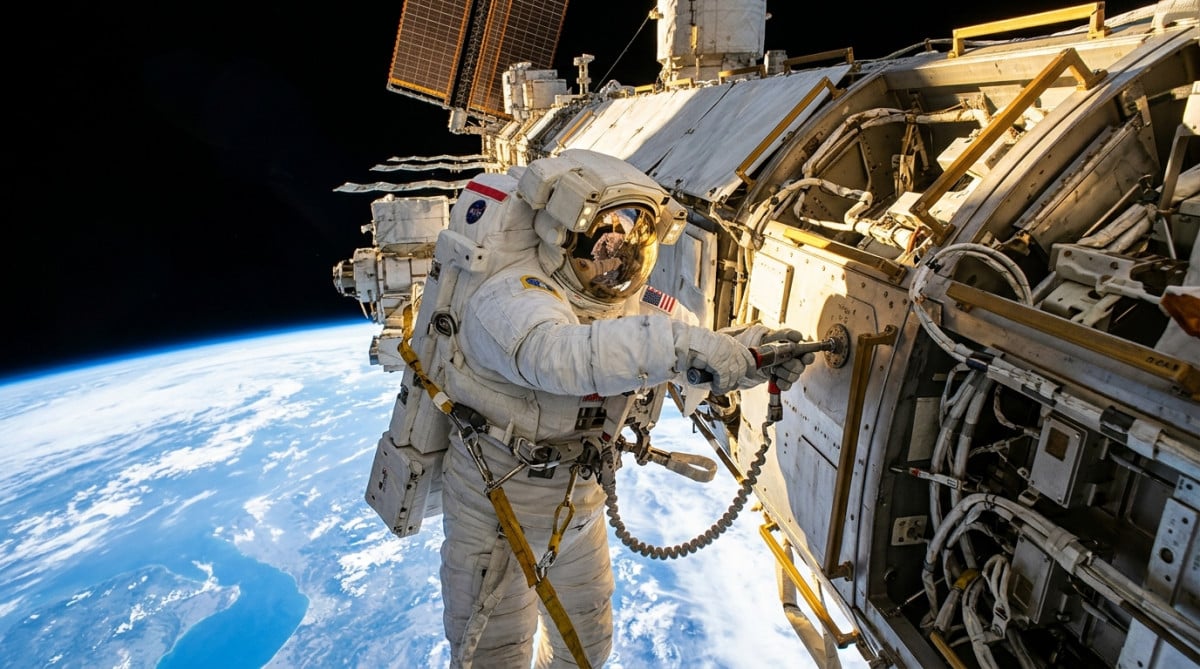 Astronaute effectuant une sortie extravéhiculaire sur l'ISS